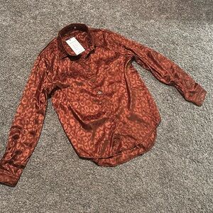 Rust colored Leopard Satin Button Up Shirt size Small